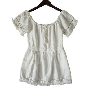 Saks Fifth Avenue Off Shoulder Dress Fringe Trim Short Sleeve‎ Size M Off White